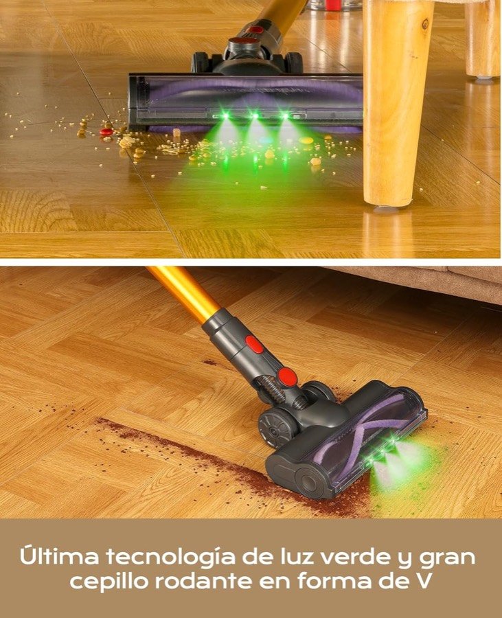 Ver imagen 4 de 6: Cabezal de la VACTechPro con la luz verde que resalta el polvo y el cepillo en V bajo un mueble