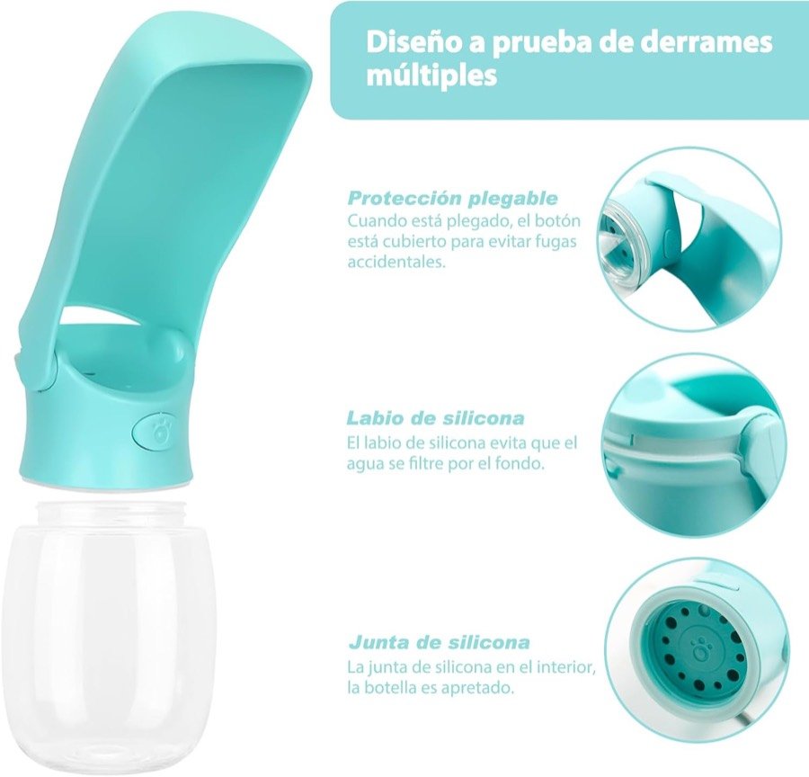 Ver imagen 2 de 6: Esquema del diseño antiderrames del bebedero Nepfaivy: protección plegable del botón, labio de silicona y junta de silicona interior