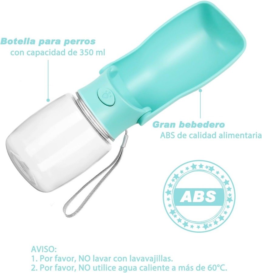 Ver imagen 3 de 6: El bebedero Nepfaivy señalando su capacidad de 350 ml y el gran bebedero de ABS alimentario, con el aviso de no lavar en lavavajillas ni usar agua a más de 60 °C