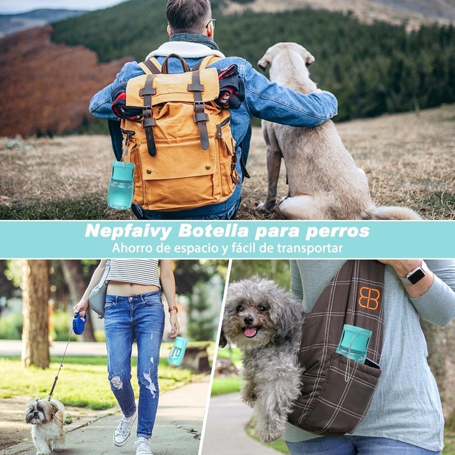 Ver imagen 6 de 6: Tres escenas de transporte del bebedero Nepfaivy: colgado de una mochila en la montaña, en la mano durante un paseo y en un bolso