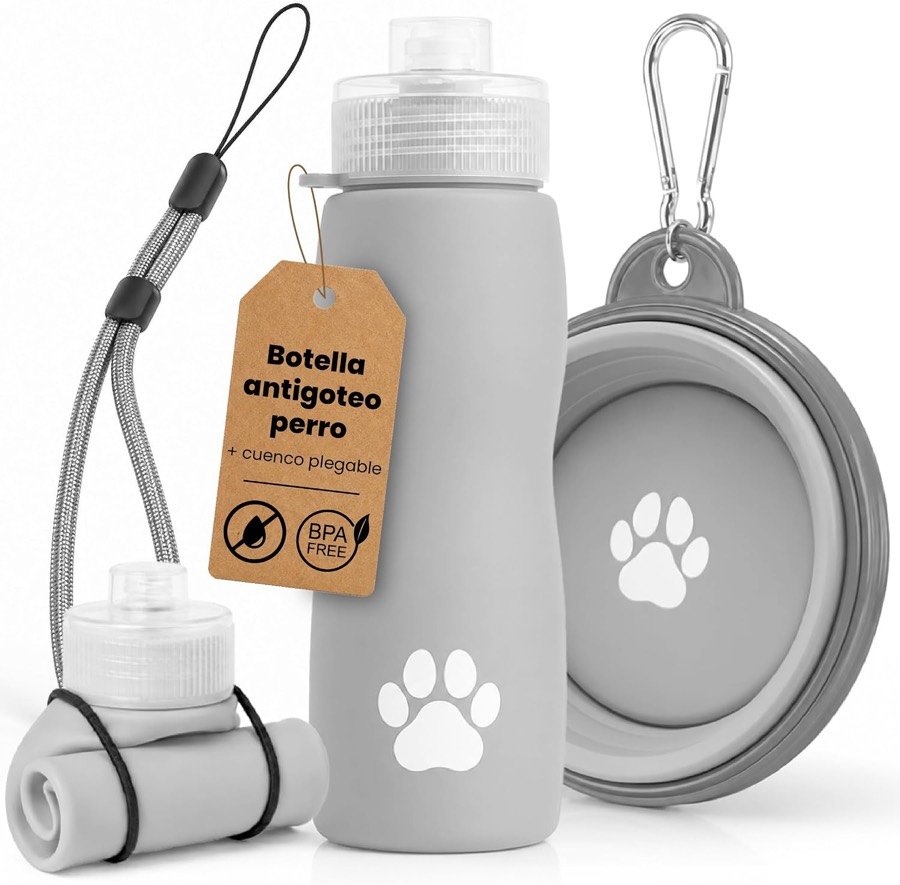 Botella de silicona Thulander gris con cordón y cuenco plegable con mosquetón, junto a la etiqueta de botella antigoteo libre de BPA