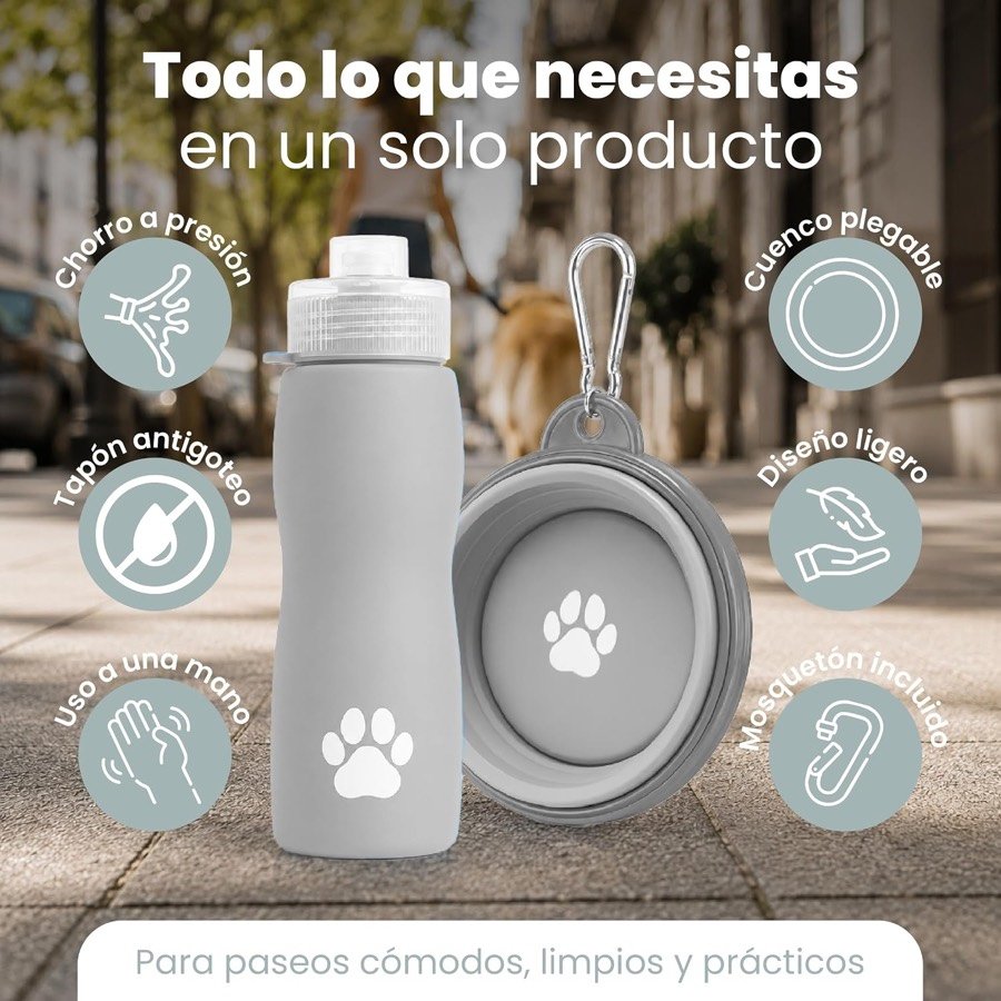 Ver imagen 2 de 6: Infografía del kit Thulander con sus seis características: chorro a presión, tapón antigoteo, uso a una mano, cuenco plegable, diseño ligero y mosquetón incluido