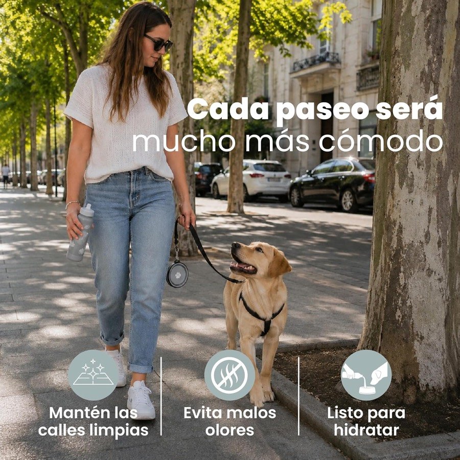 Ver imagen 4 de 6: Mujer paseando por una calle arbolada con un labrador y la botella Thulander en la mano