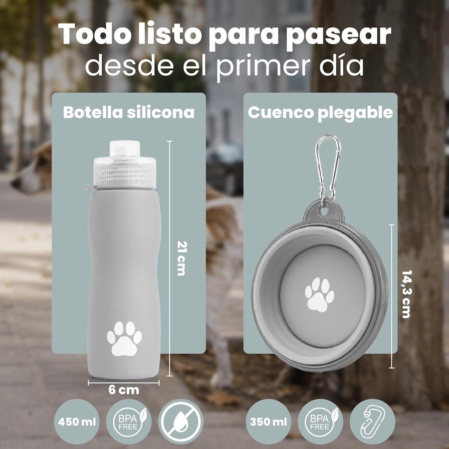 Ver imagen 6 de 6: Medidas del kit Thulander: botella de silicona de 21 cm de alto y 6 cm de diámetro con 450 ml, y cuenco plegable de 14,3 cm con 350 ml