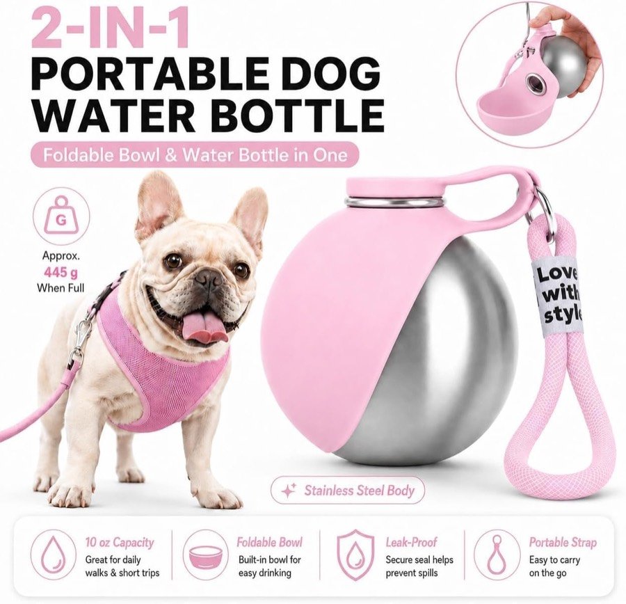 Ver imagen 2 de 6: El bebedero ZUMME rosa con el cuenco plegable y sus cuatro características: 285 ml de capacidad, cuenco plegable, estanco y correa de transporte
