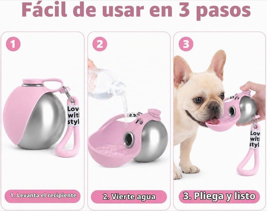 Ver imagen 3 de 6: Los tres pasos de uso del bebedero ZUMME: levantar el recipiente, verter agua y plegarlo de nuevo, con un bulldog francés bebiendo
