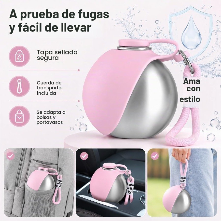 Ver imagen 4 de 6: El bebedero ZUMME a prueba de fugas señalando la tapa sellada y la cuerda de transporte, con tres fotos colgado de una mochila, en el coche y en la mano