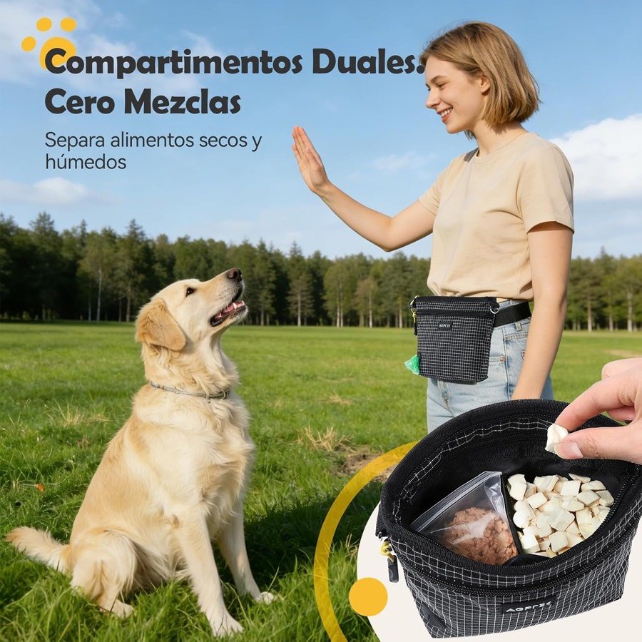 Ver imagen 2 de 6: Mujer con la riñonera AGPTEK a la cintura sacando un premio para un golden retriever sentado en la hierba