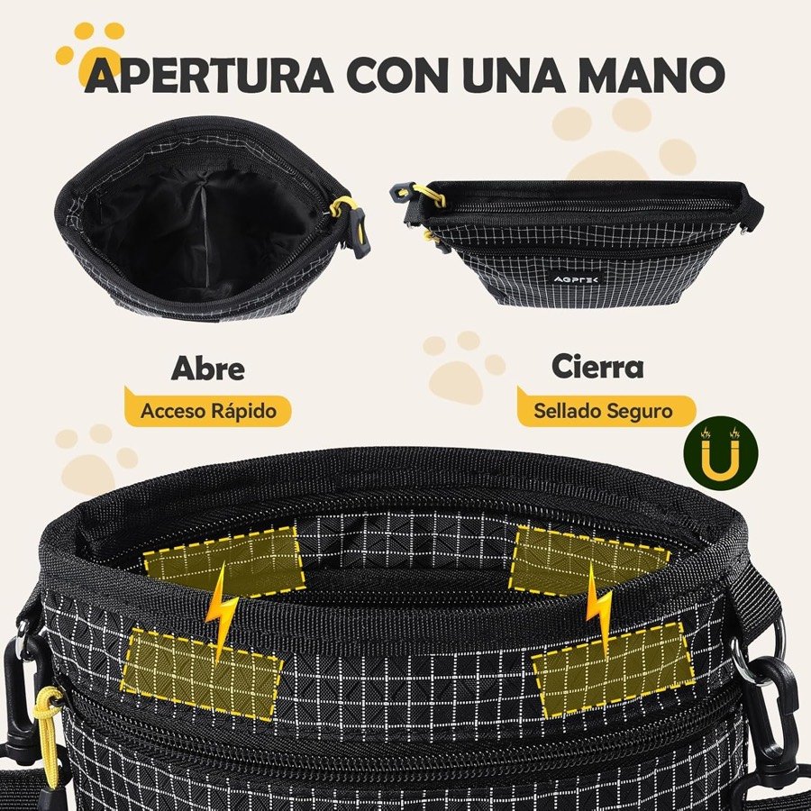 Ver imagen 3 de 6: Esquema del cierre magnético de la riñonera AGPTEK abriéndose y cerrándose, con los cuatro imanes señalados en amarillo