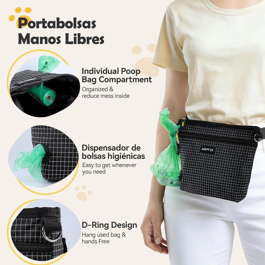 Ver imagen 5 de 6: Tres detalles de la riñonera AGPTEK: compartimento para el rollo de bolsas, dispensador y anilla en D, y la bolsa llevada en bandolera