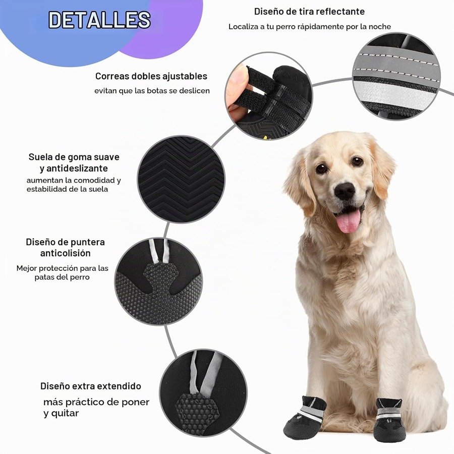 Ver imagen 3 de 6: Esquema de los detalles de la bota QKURT: tira reflectante, correas dobles ajustables, suela de goma antideslizante, puntera anticolisión y diseño extendido
