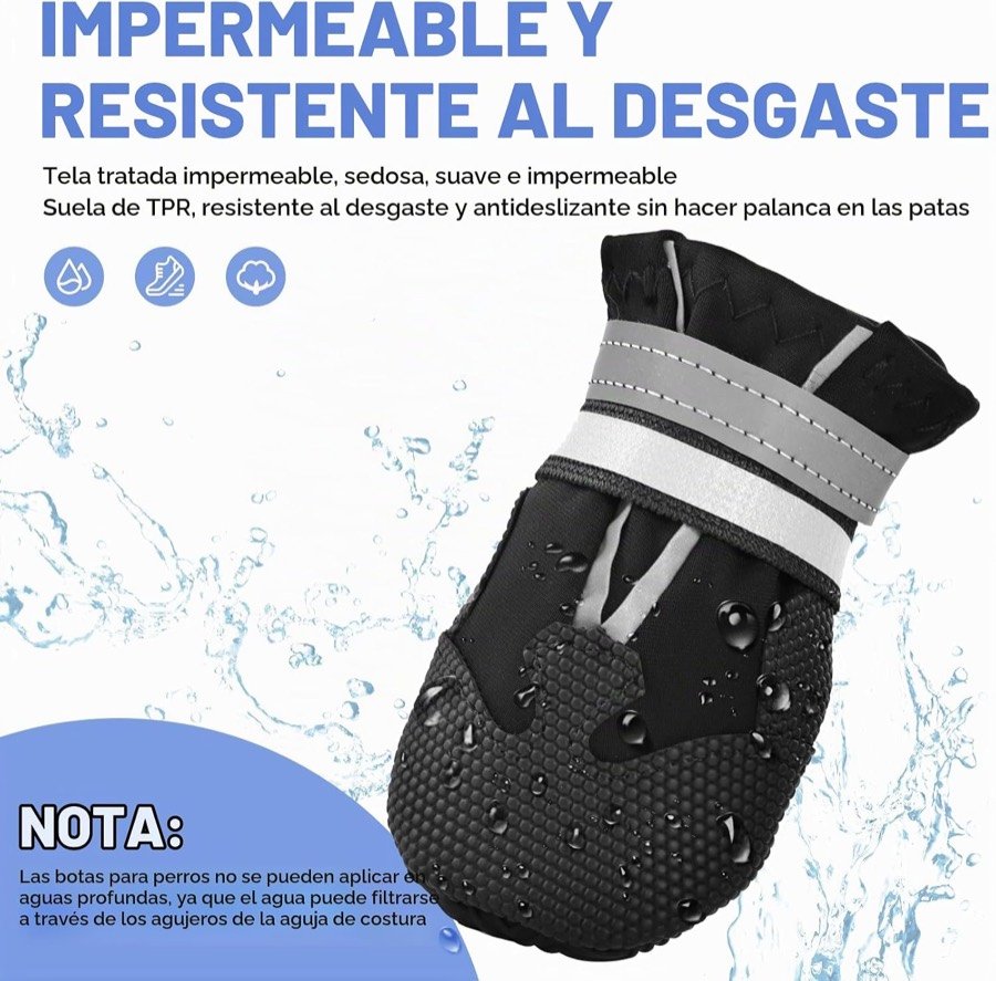 Ver imagen 4 de 6: Bota QKURT con gotas de agua resbalando y el aviso de que no se pueden aplicar en aguas profundas porque el agua puede filtrarse por las costuras