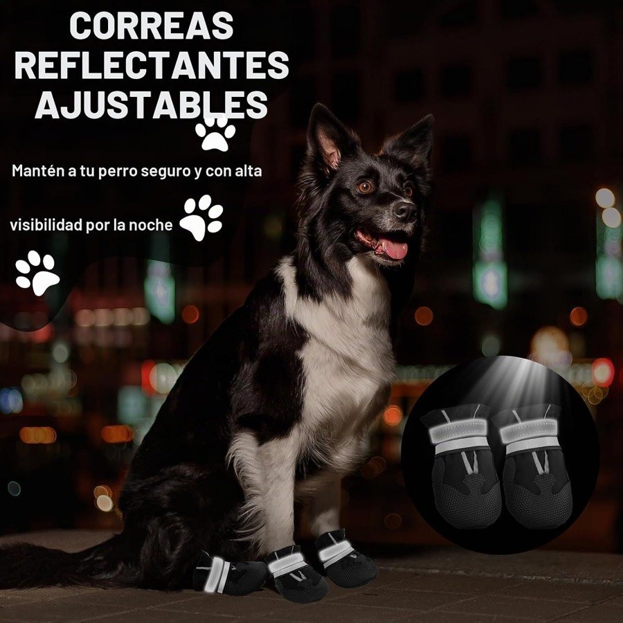 Ver imagen 5 de 6: Border collie sentado en una calle de noche con las botas QKURT puestas y detalle de las correas reflectantes iluminadas