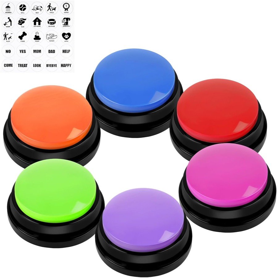 Seis botones grabables vsshe de colores con la hoja de pegatinas de iconos