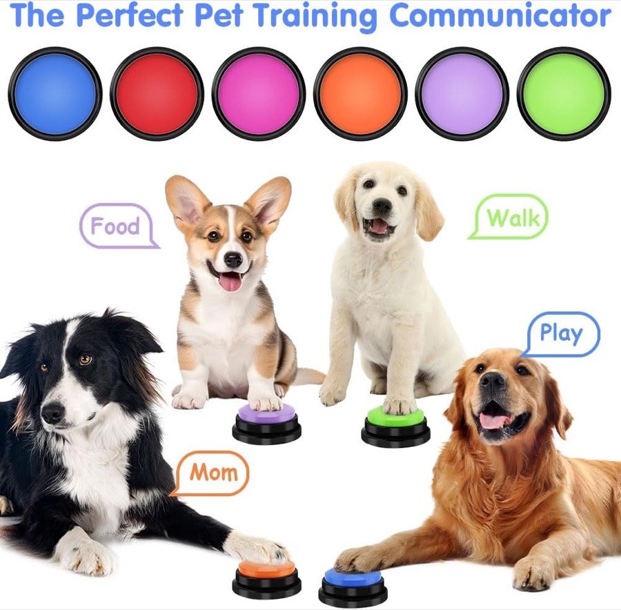 Ver imagen 3 de 6: Perros de distintas razas junto a botones de colores etiquetados con comida, paseo, juego y mamá