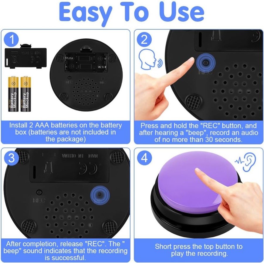 Ver imagen 5 de 6: Cuatro pasos para grabar un botón vsshe: poner dos pilas AAA no incluidas, mantener REC, soltar y pulsar para reproducir