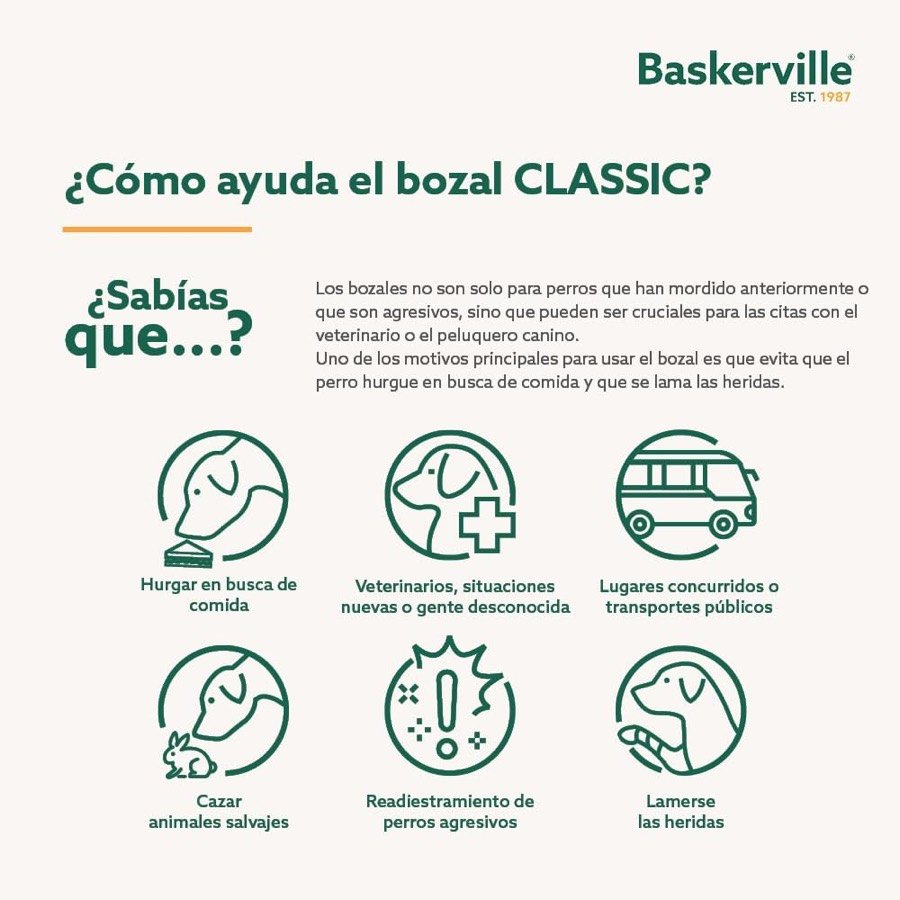 Ver imagen 3 de 6: Lámina de Baskerville con los seis motivos para usar el bozal Classic: evitar que hurgue, veterinario, sitios concurridos, cazar animales, readiestramiento y lamerse heridas
