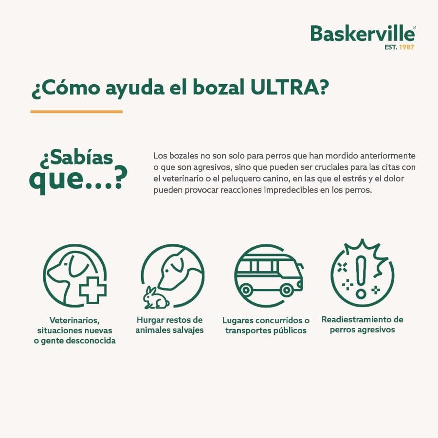 Ver imagen 3 de 6: Lámina de Baskerville que explica los cuatro usos del bozal: veterinario, evitar que hurgue restos de animales, lugares concurridos y readiestramiento de perros agresivos