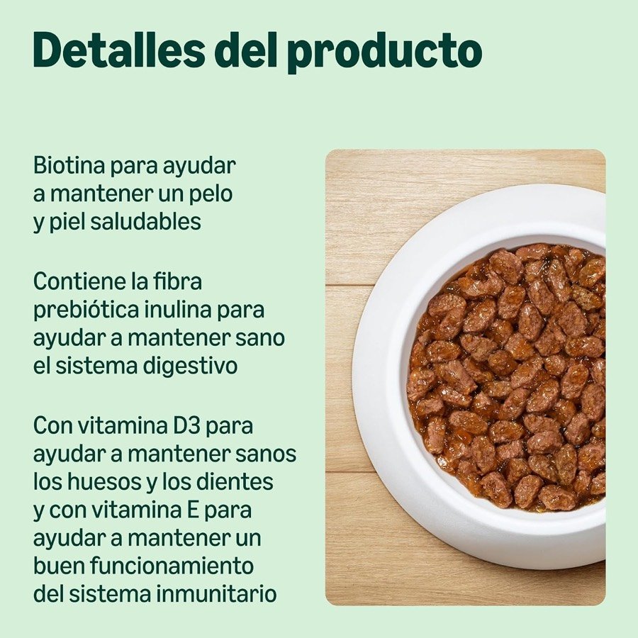 Ver imagen 3 de 6: Detalles del producto: biotina para el pelo, fibra prebiótica inulina y vitaminas D3 y E, junto a un cuenco con la comida
