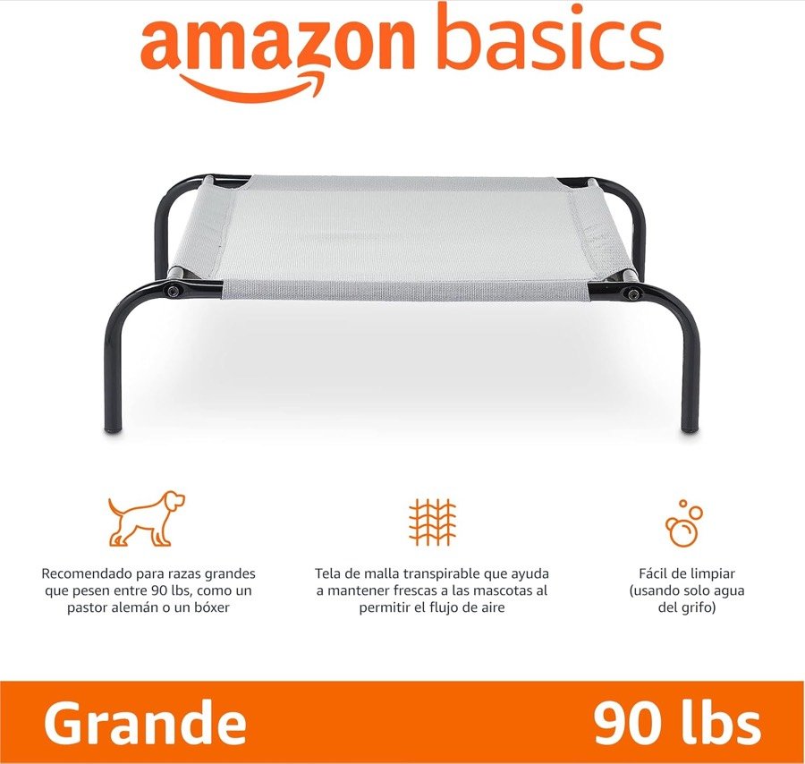 Ver imagen 2 de 6: Ficha del fabricante con la cama elevada Amazon Basics talla Grande y su peso máximo de 90 libras