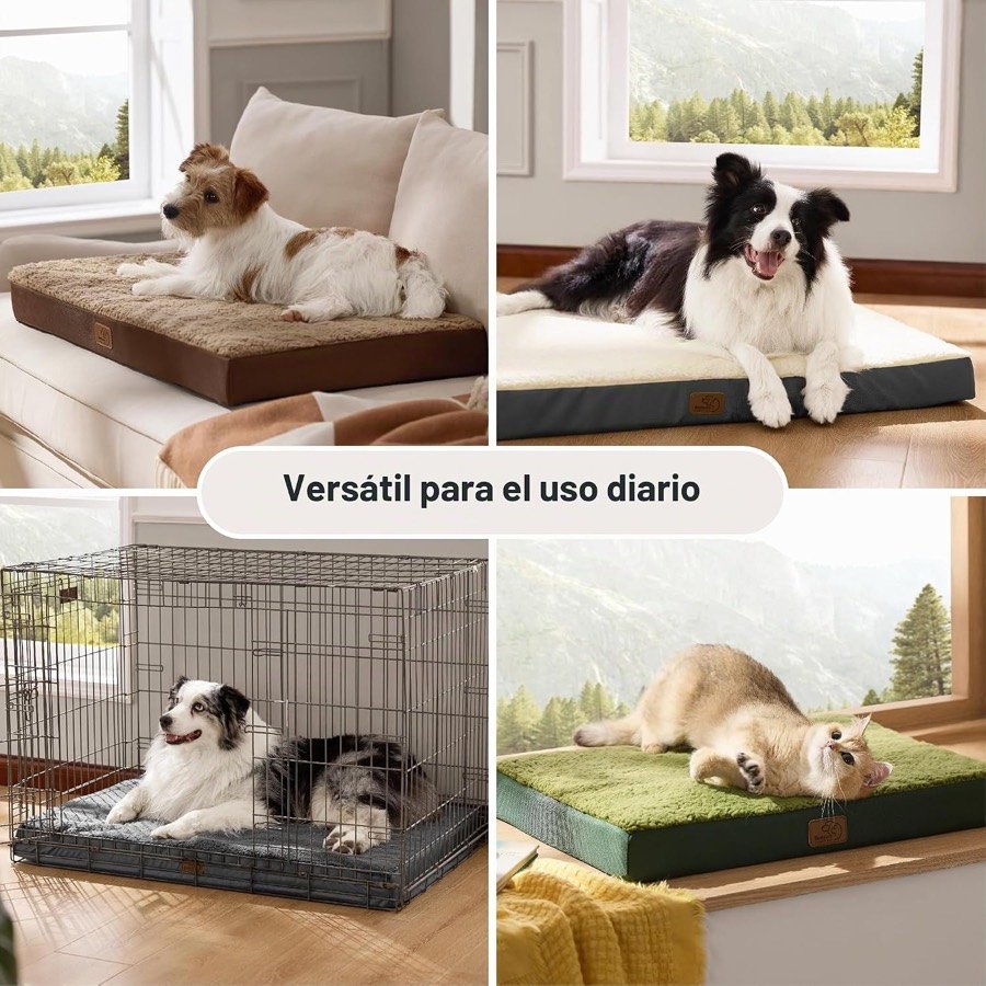 Ver imagen 6 de 6: Cuatro usos del colchón Bedsure: en el suelo, junto a la ventana, dentro de un transportín y sobre una cama elevada