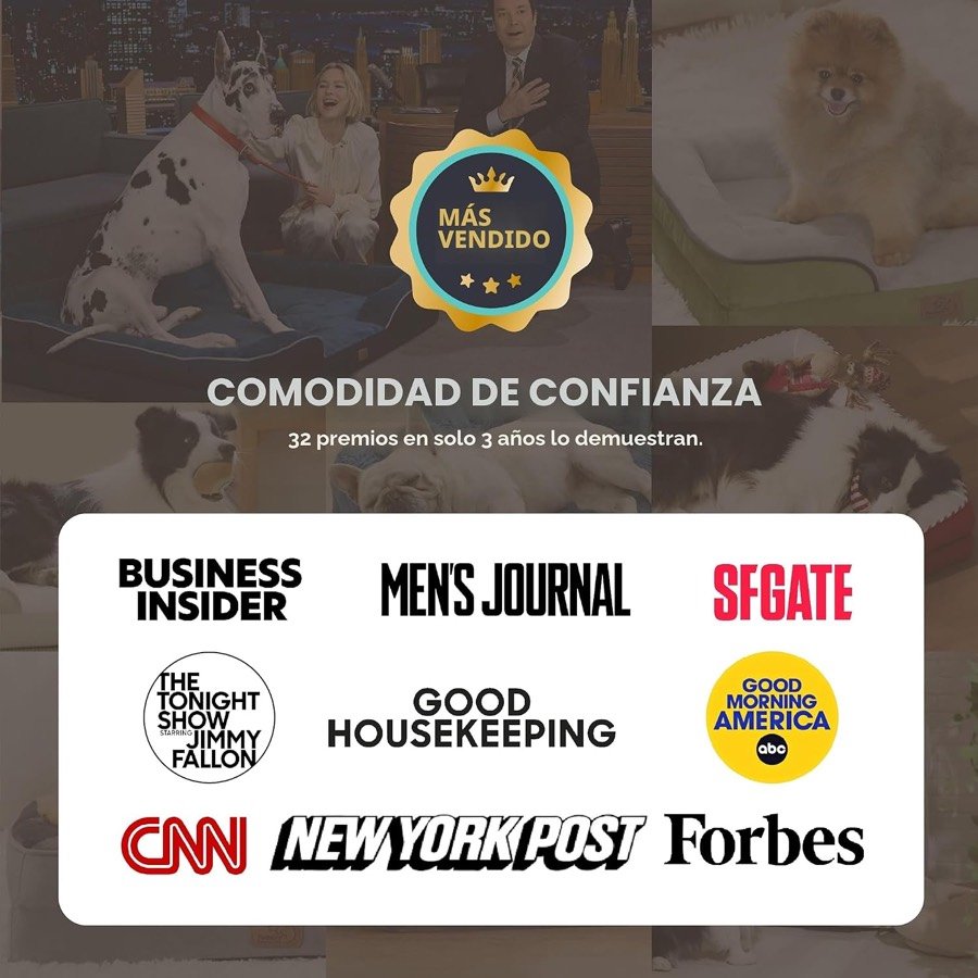 Ver imagen 2 de 6: Montaje del fabricante con perros sobre la cama Bedsure y logotipos de medios que la han mencionado