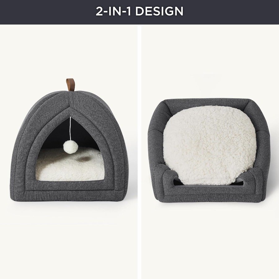 Ver imagen 3 de 6: La cama Bedsure en forma de cueva y desplegada como cama abierta con el cojín de sherpa