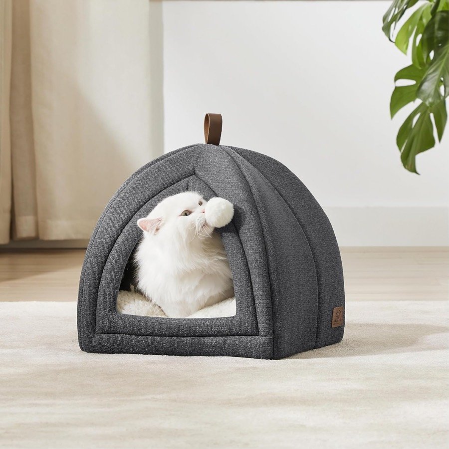 Ver imagen 5 de 6: Gato blanco jugando con el pompón en la entrada de la cama cueva Bedsure