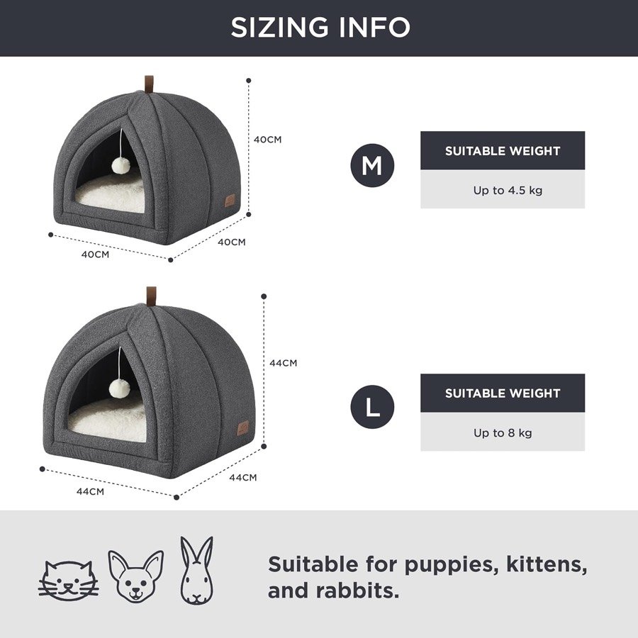 Ver imagen 6 de 6: Tabla de tallas de Bedsure: la de 40 cm para gatos de hasta 4,5 kg y la de 44 cm, hasta 8 kg