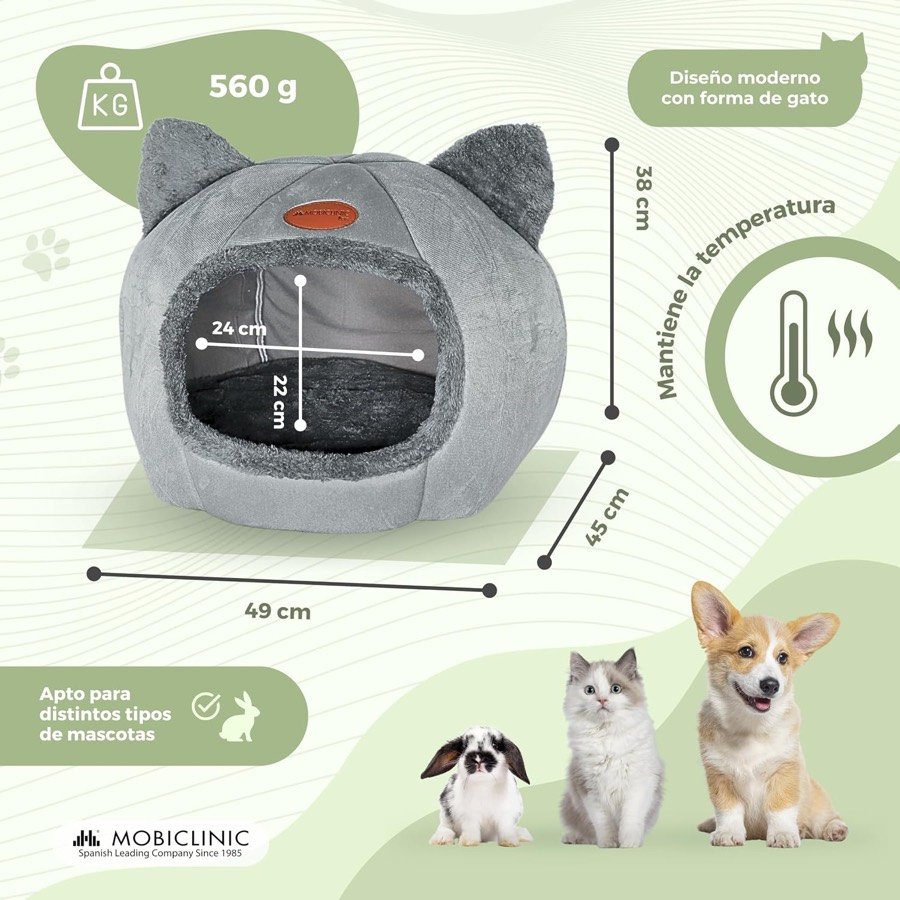Ver imagen 2 de 6: Esquema de la cama Mobiclinic: 49 × 45 × 38 cm, entrada de 24 × 22 cm y 560 g, con un conejo, un gato y un perro pequeño