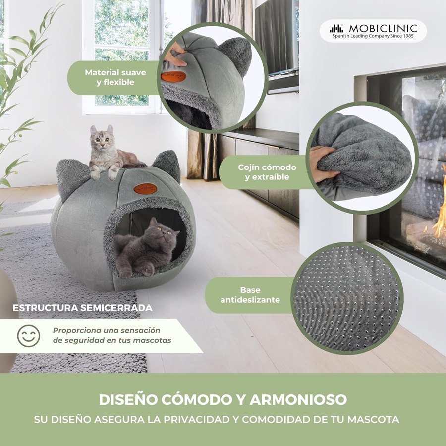 Ver imagen 3 de 6: Cama Mobiclinic en un salón con un gato dentro y otro encima, y los detalles de material, cojín y base antideslizante