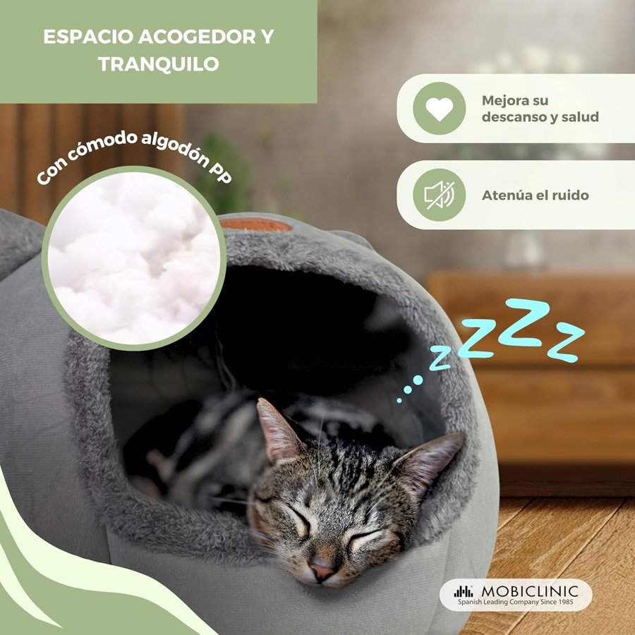 Ver imagen 4 de 6: Gato atigrado dormido dentro de la cama Mobiclinic con el rótulo de algodón PP