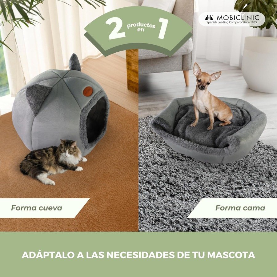 Ver imagen 5 de 6: La cama Mobiclinic en forma de cueva con un gato al lado y desplegada como cama con un chihuahua