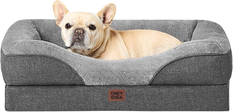 Bulldog francés asomado a la cama EHEYCIGA gris oscuro, con bordes elevados en los cuatro lados y superficie de borreguillo