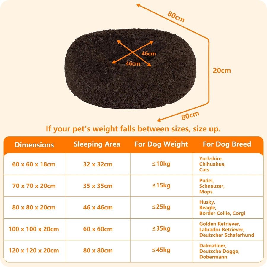 Ver imagen 4 de 6: Medidas de la HMTOPE de 80 × 80 × 20 cm con hueco de 46 cm, y tabla de tallas de 60 a 120 cm con peso y razas orientativas