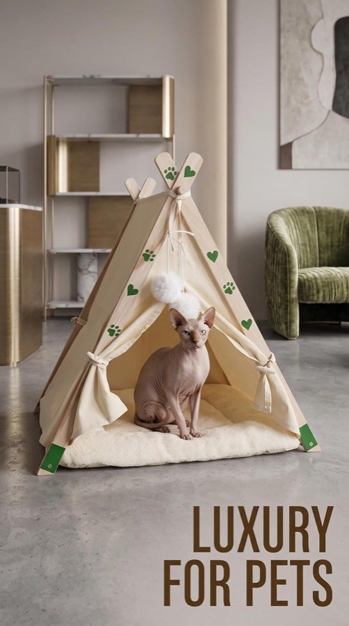 Ver imagen 6 de 6: La cama tipi con un gato esfinge dentro en un salón moderno, con el rótulo «Luxury for pets»