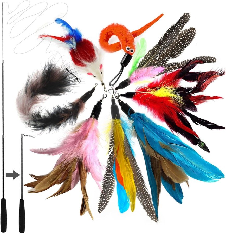 Caña retráctil negra rodeada de los ocho recambios de plumas de colores, ratones y gusanos