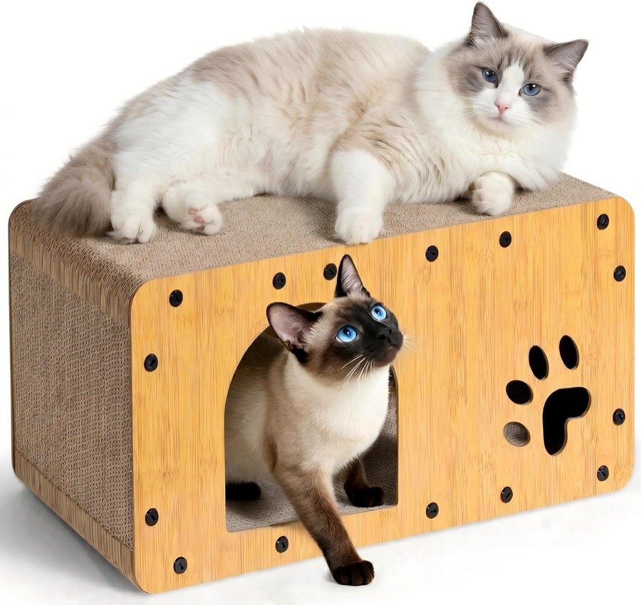 Casa rascador Gimars de cartón con frontal de madera, con un gato ragdoll encima y un siamés asomando por la puerta