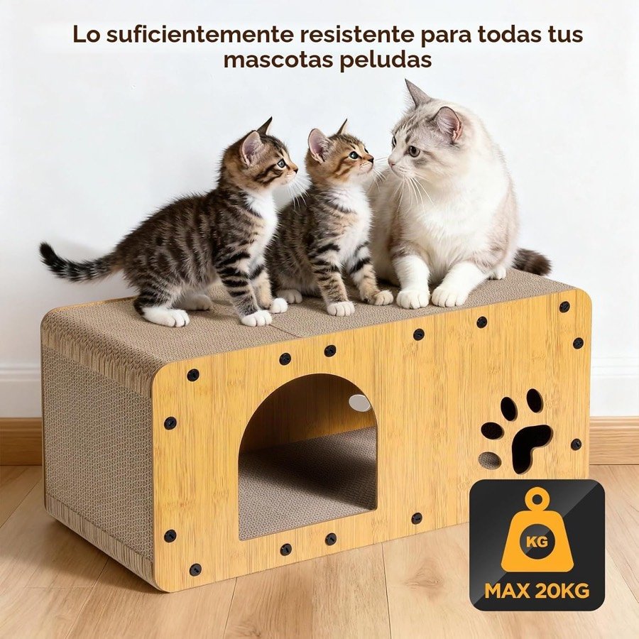 Ver imagen 3 de 6: Tres gatos jóvenes encima de la casa rascador, con la indicación de que soporta hasta 20 kg
