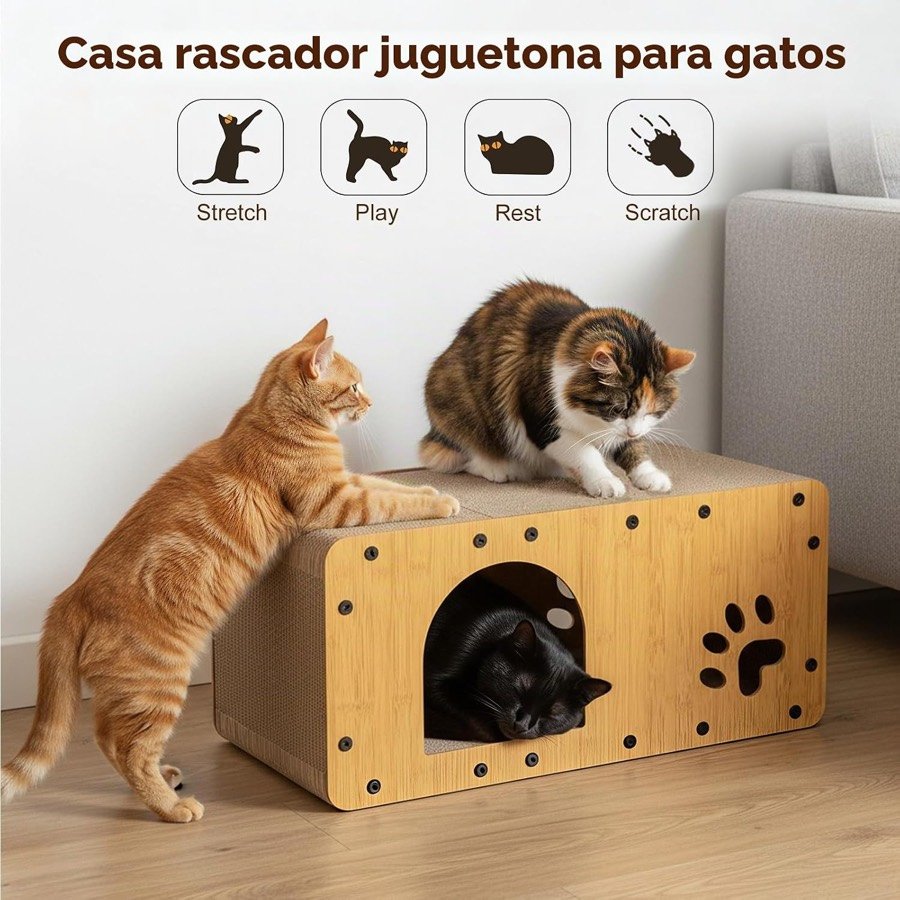 Ver imagen 5 de 6: Dos gatos jugando sobre y dentro de la casa, con iconos de estirarse, jugar, descansar y rascar