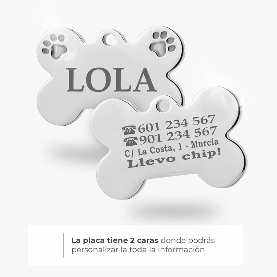 Ver imagen 4 de 6: Las dos caras de la chapa: el nombre LOLA en una y dos teléfonos, la dirección y «Llevo chip» en la otra
