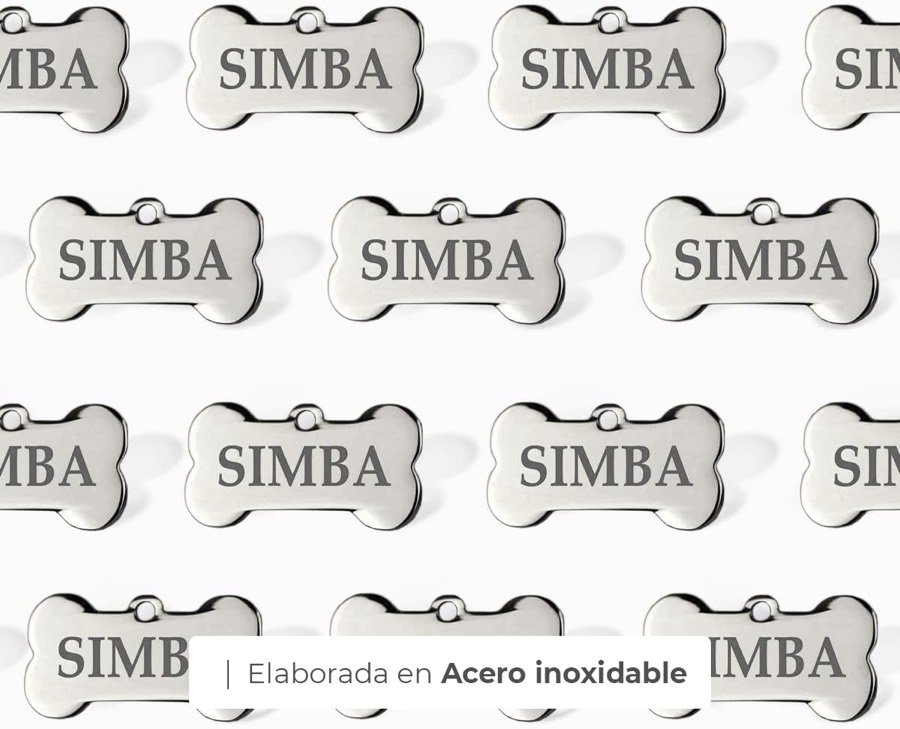 Ver imagen 4 de 6: Mosaico de chapas de hueso grabadas con el mismo nombre, con el rótulo de elaborada en acero inoxidable