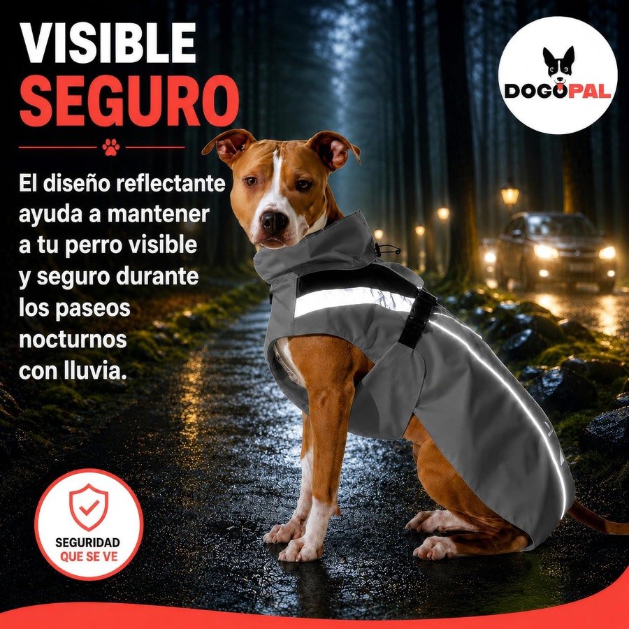 Ver imagen 2 de 6: Perro con el chubasquero DOGOPAL gris en una calle mojada de noche, con los ribetes reflectantes iluminados por los faros de un coche