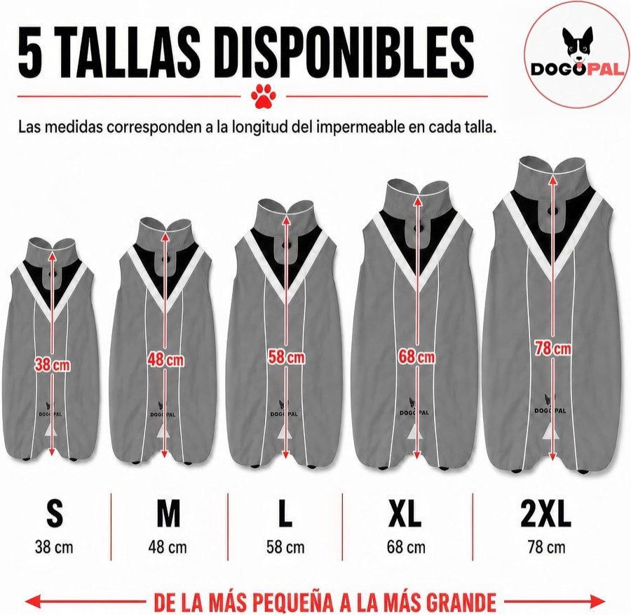 Ver imagen 5 de 6: Las cinco tallas del chubasquero DOGOPAL alineadas de menor a mayor con su largo: 38, 48, 58, 68 y 78 cm