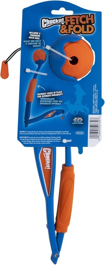 Ver imagen 4 de 5: Reverso del envase del Chuckit! Fetch & Fold, con el detalle del mecanismo de plegado