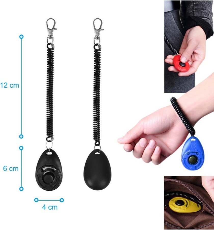 Ver imagen 3 de 6: Esquema de medidas del clicker Diyife: 4 cm de ancho, 6 cm de cuerpo y 12 cm de muñequera espiral, con una mano usándolo