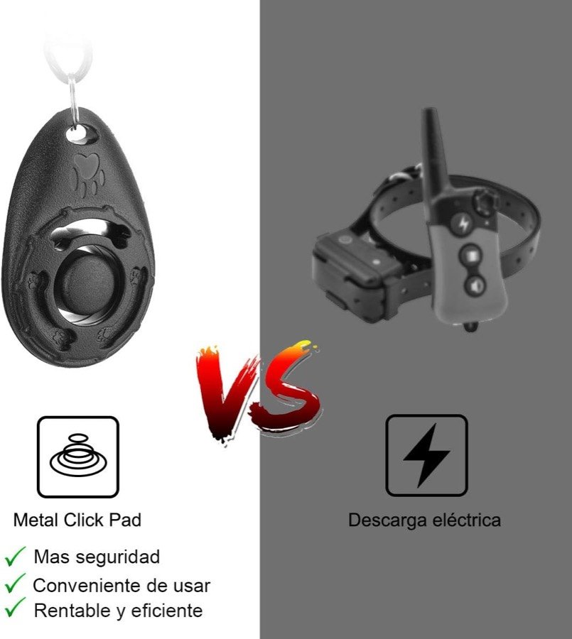 Ver imagen 4 de 6: Comparación entre el clicker Diyife de pulsador metálico y un collar de descarga eléctrica, señalando el clicker como opción segura