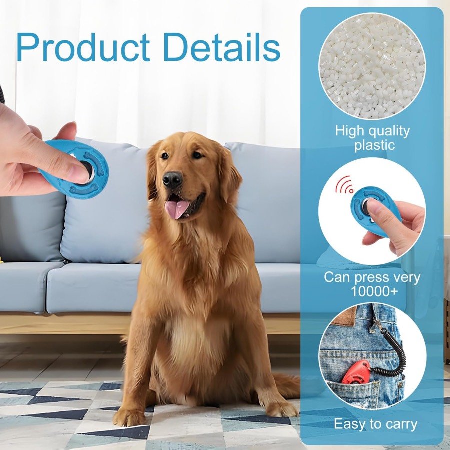 Ver imagen 5 de 6: Mano pulsando un clicker azul frente a un golden retriever sentado, con los detalles de plástico de alta calidad y más de 10.000 pulsaciones