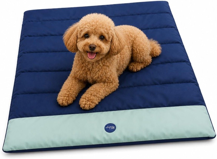 Caniche toy color canela tumbado sobre la colchoneta Patihogar azul marino con franja verde agua