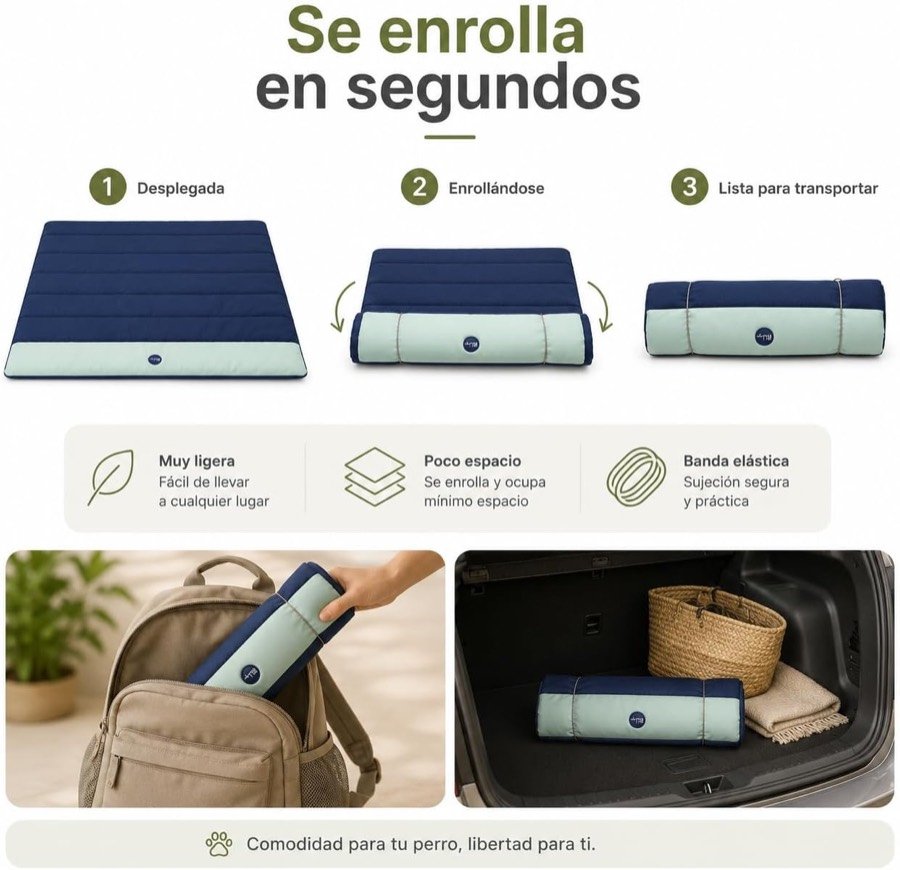 Ver imagen 4 de 6: Secuencia de la colchoneta Patihogar enrollándose en tres pasos, y enrollada dentro de una mochila y en un maletero